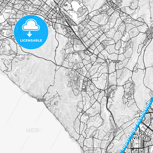 Aliso Viejo, California light map with streetnames, citynames and districts