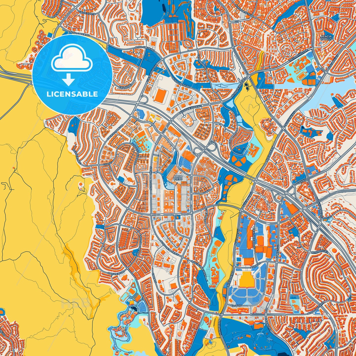 Colorful Aliso Viejo Street Map with Labels and Buildings
