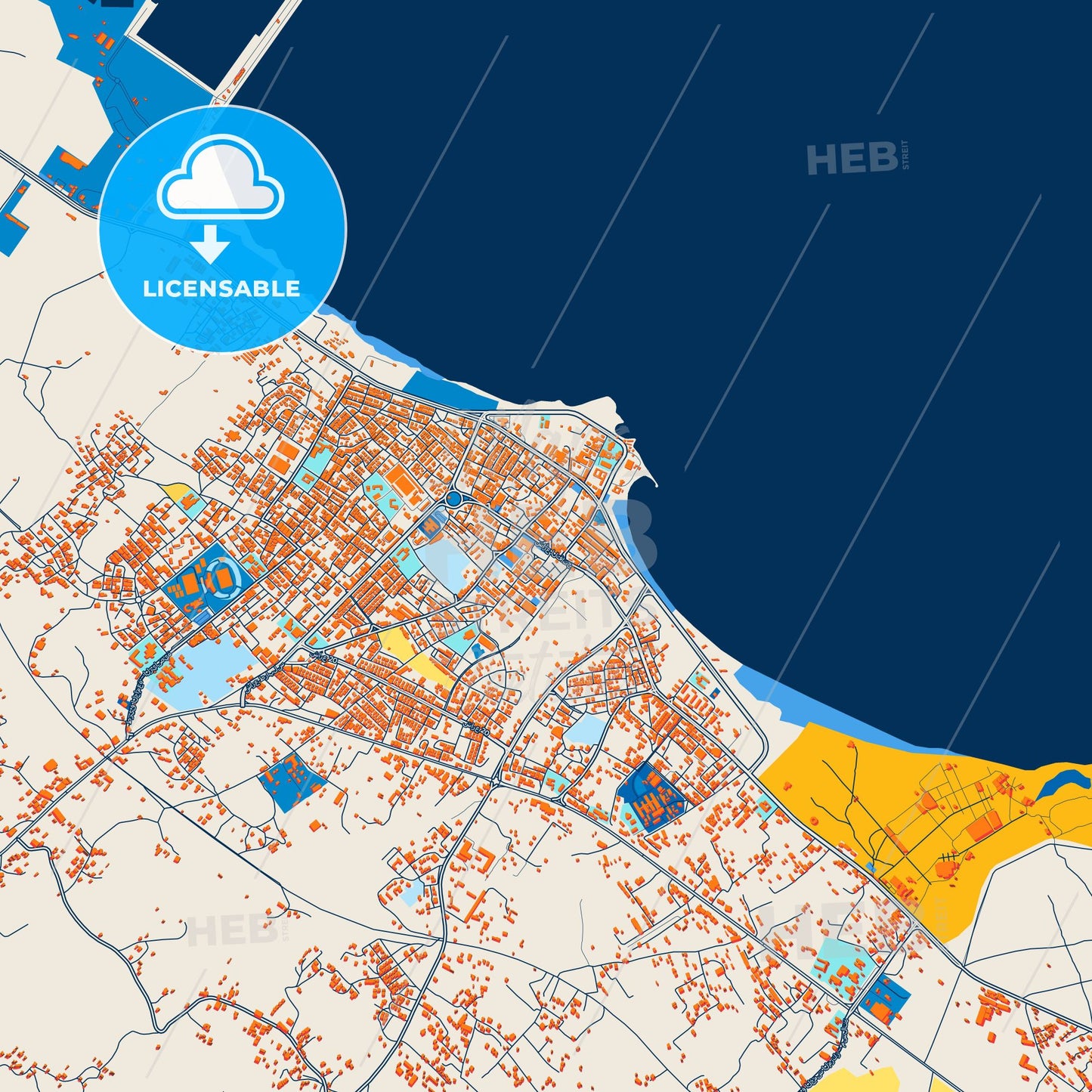 Colorful Al Khums Street Map with Labels and Buildings