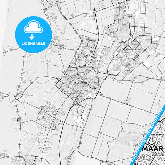 Alkmaar, Netherlands light map with streetnames, citynames and districts