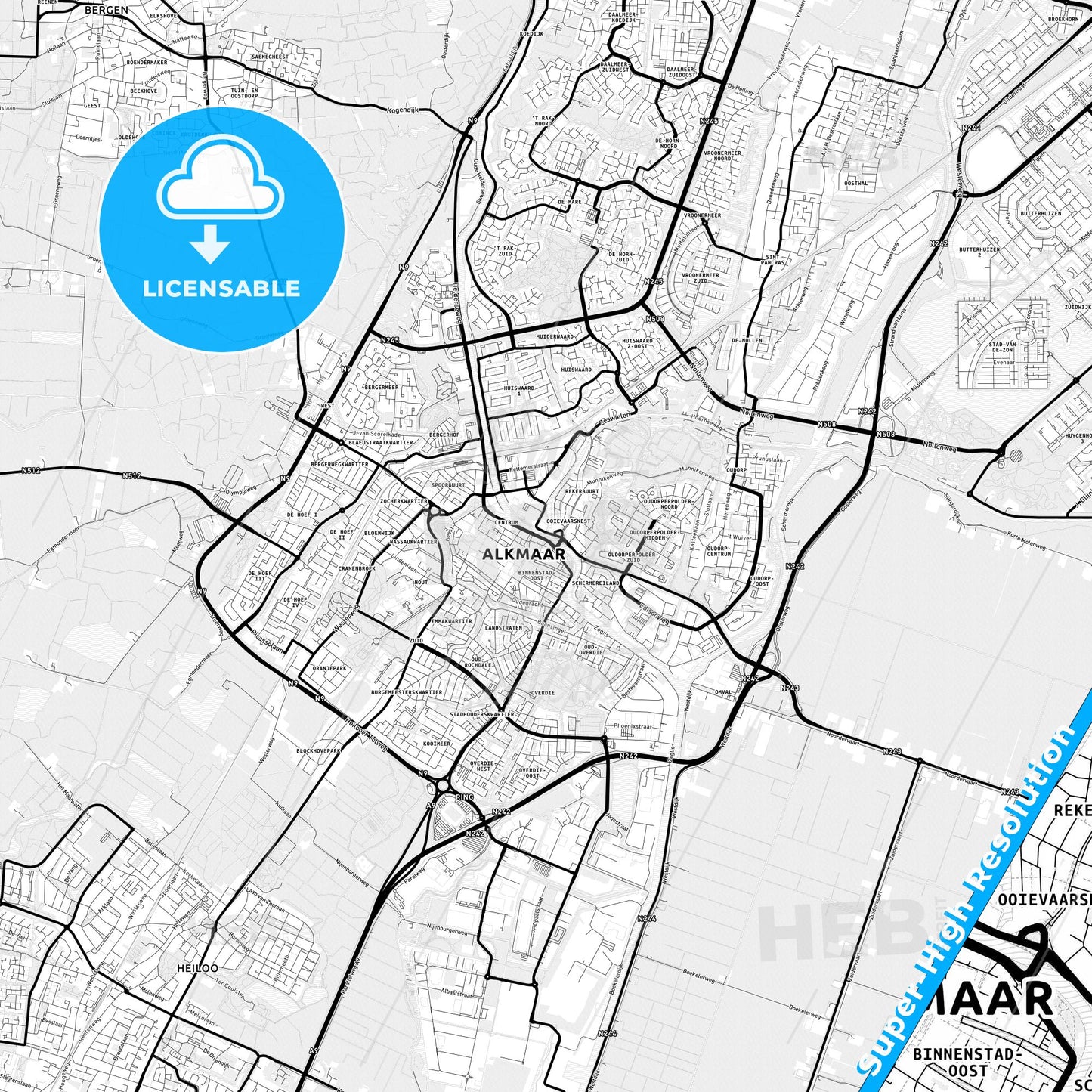 Alkmaar, Netherlands Light Map with Street Names, City Names, and Districts