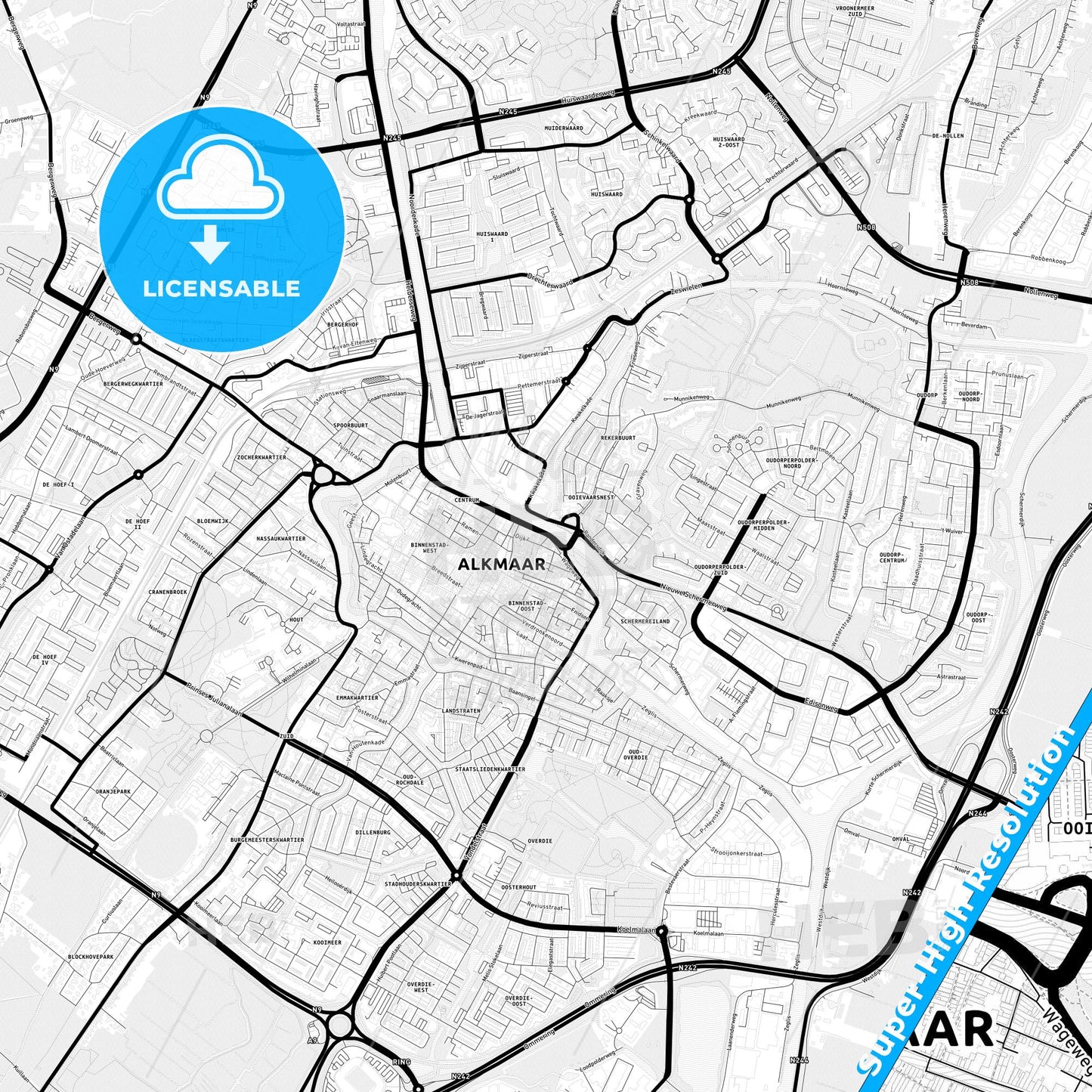 Alkmaar, Netherlands Light Map with Street Names, City Names, and Districts