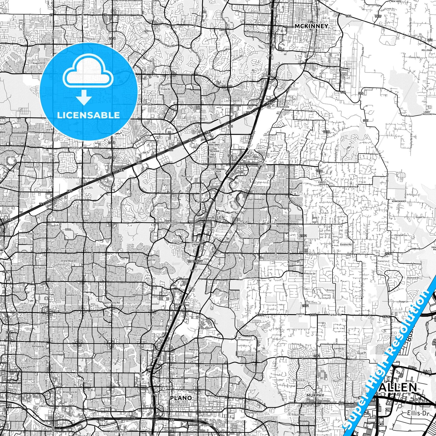 Allen, Texas light map with streetnames, citynames and districts