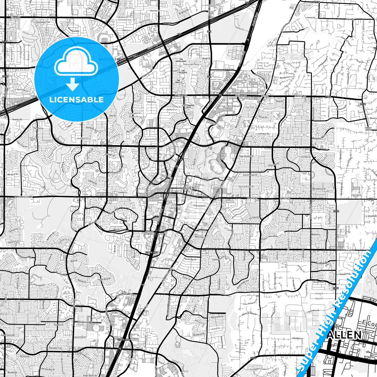 Allen, Texas Light Map with Street Names, City Names, and Districts