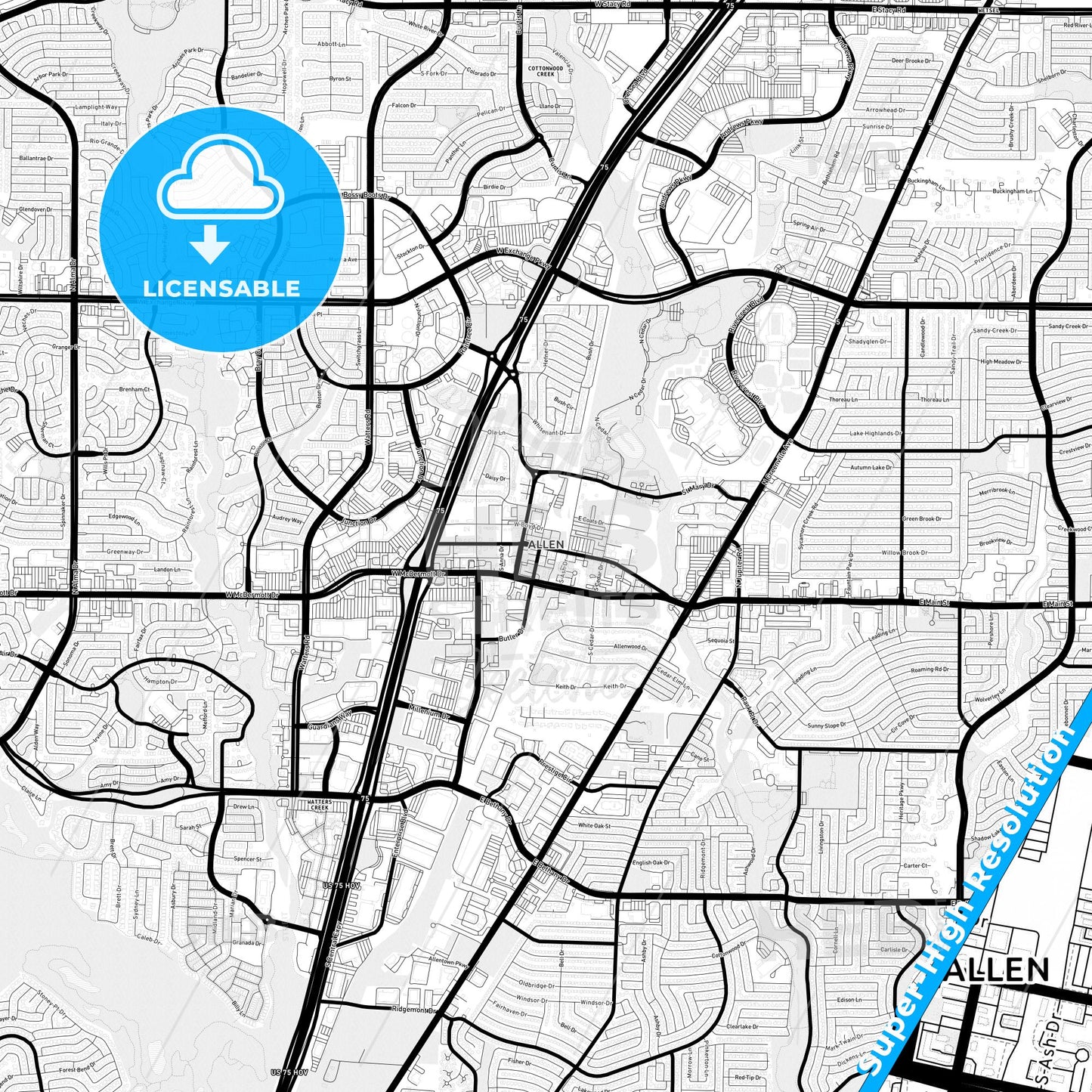 Allen, Texas Light Map with Street Names, City Names, and Districts
