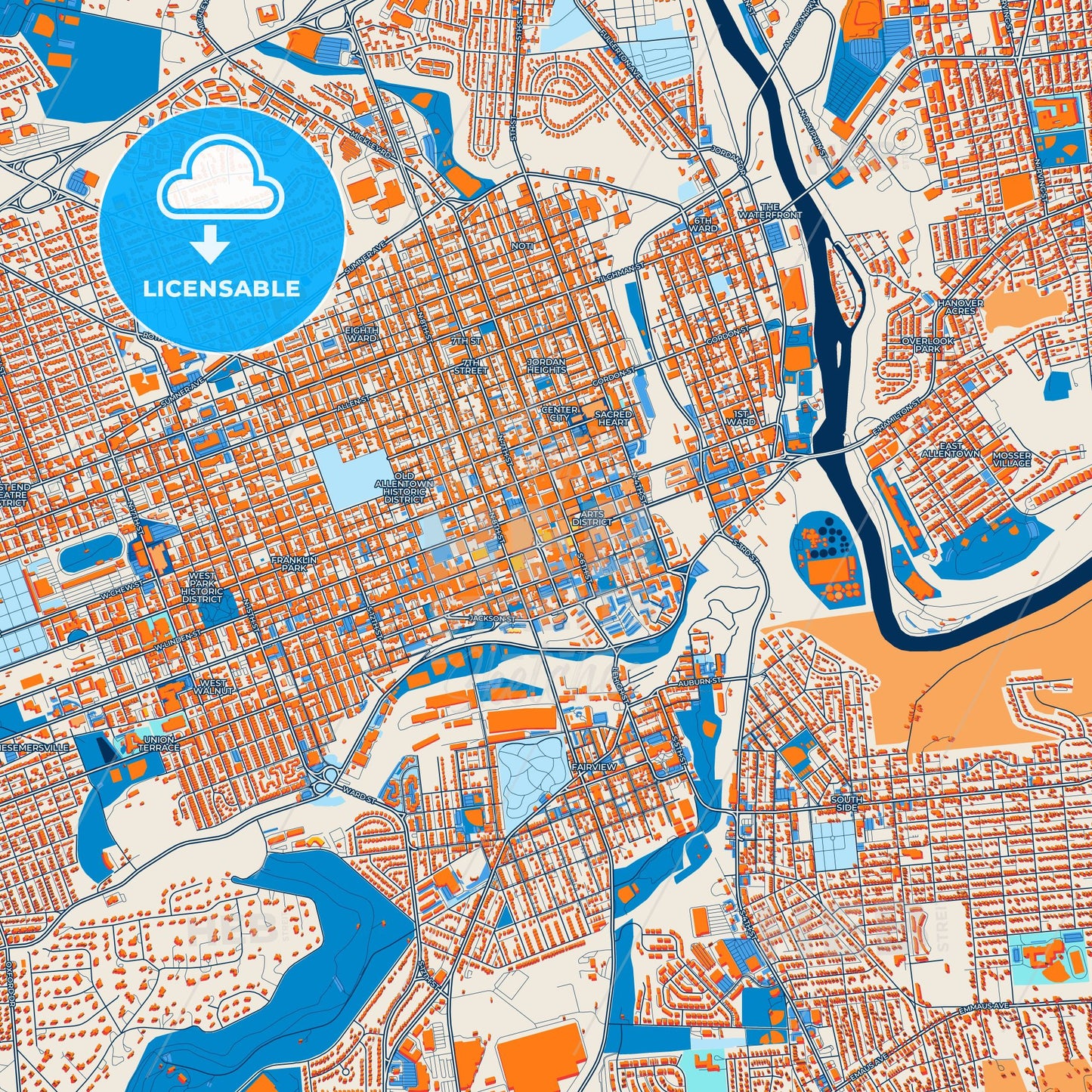 Colorful Allentown Street Map with Labels and Buildings