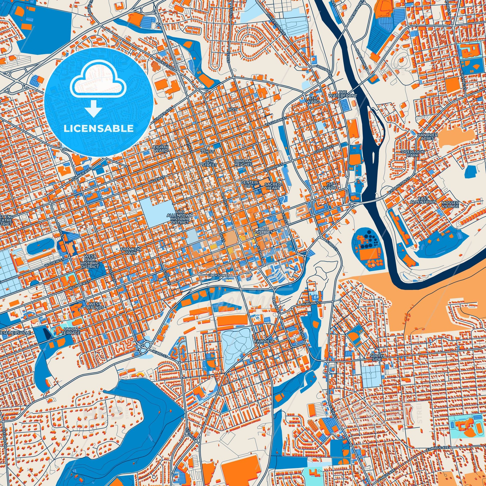 Colorful Allentown Street Map with Labels and Buildings