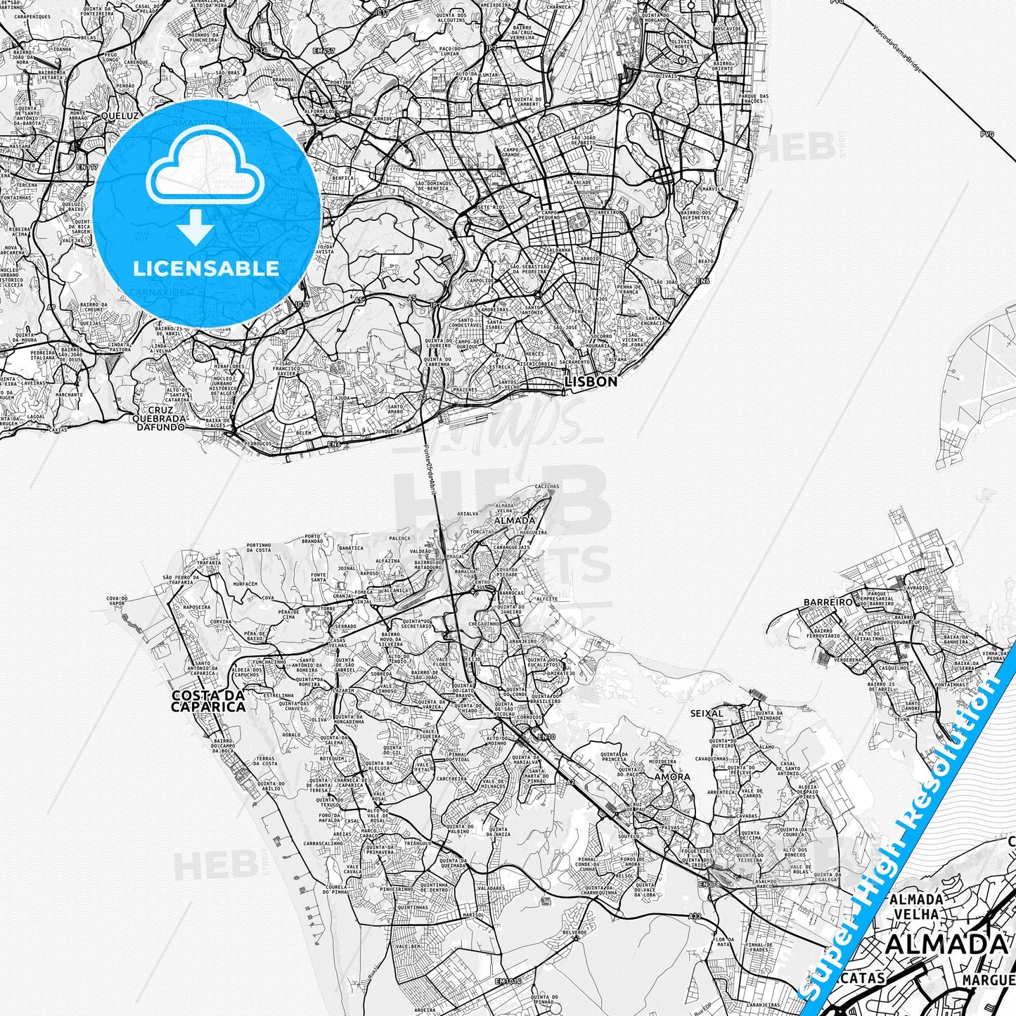 Almada, Portugal light map with streetnames, citynames and districts