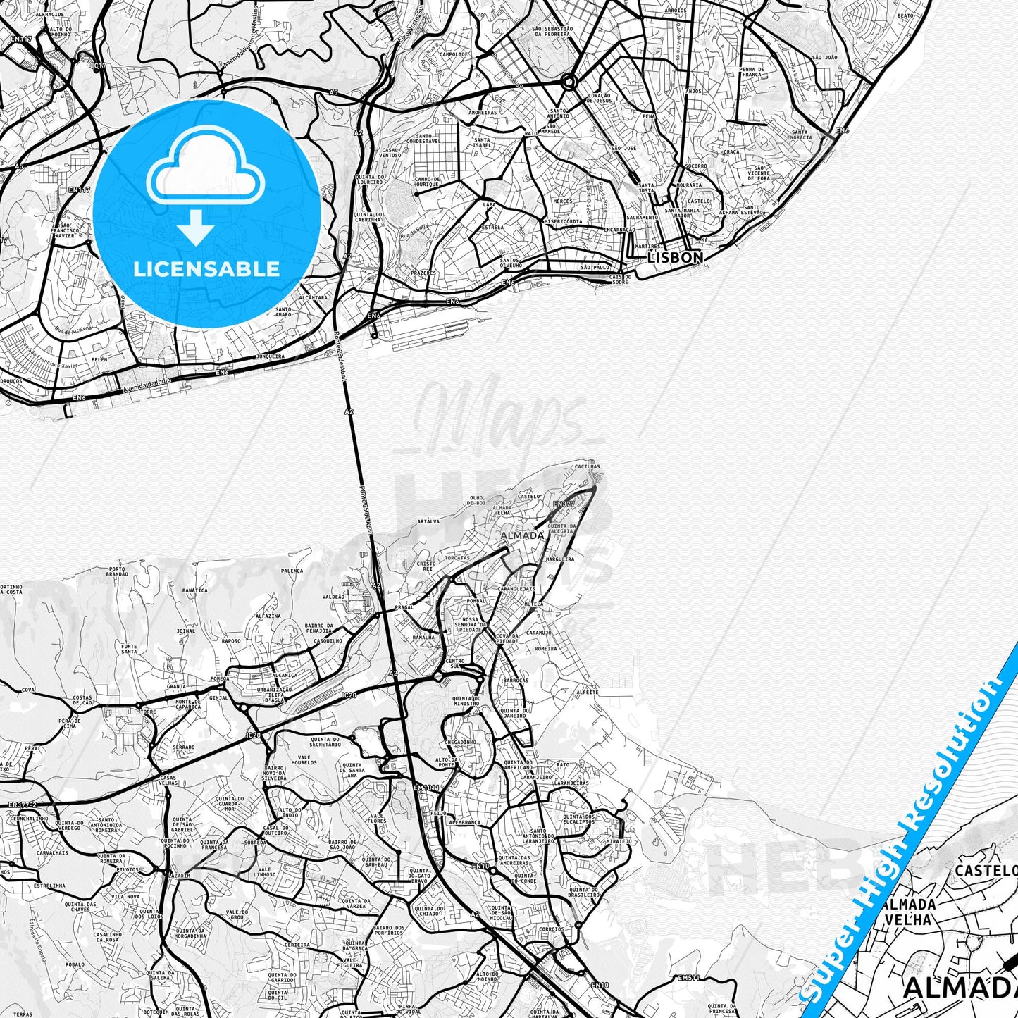 Almada, Portugal Light Map with Street Names, City Names, and Districts