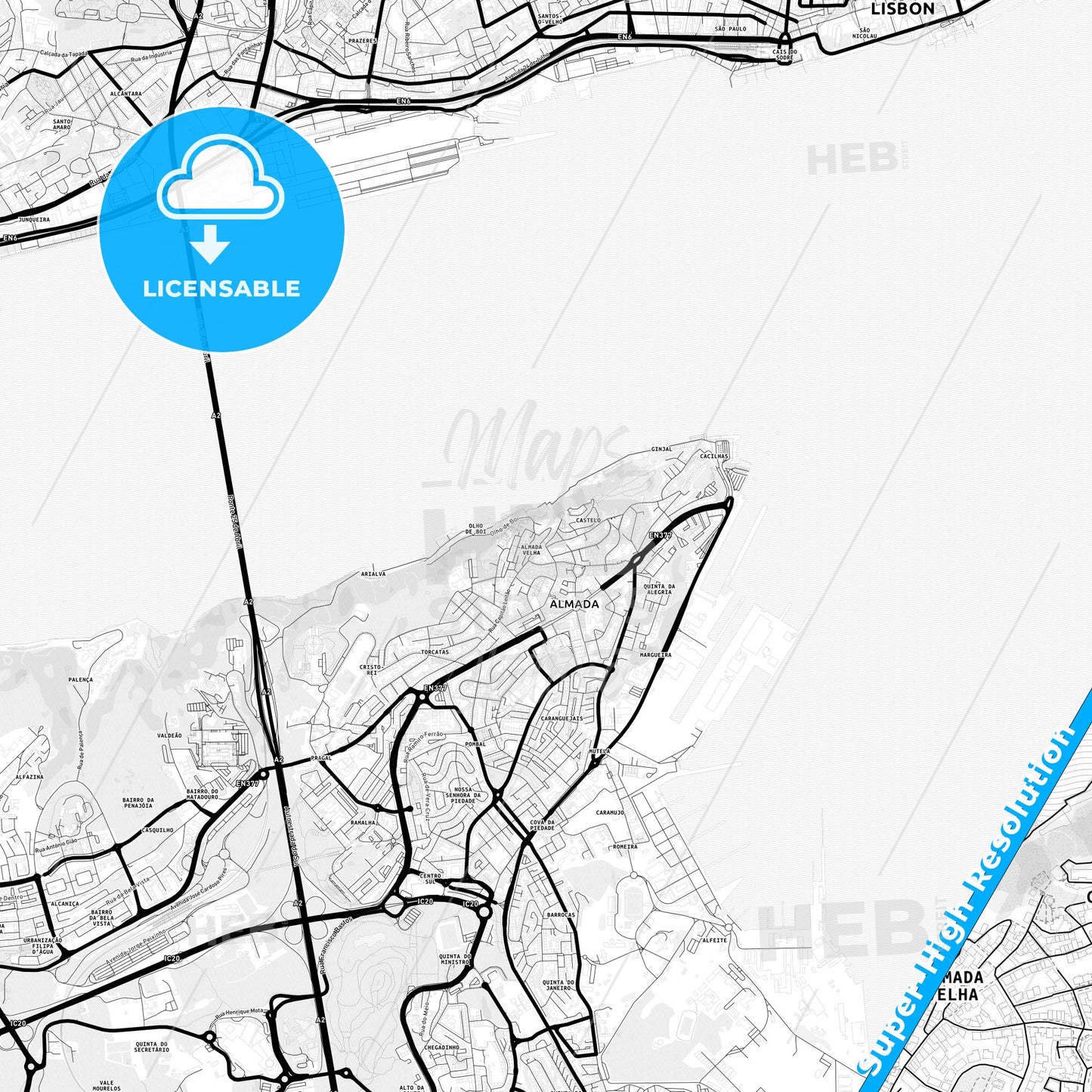 Almada, Portugal Light Map with Street Names, City Names, and Districts