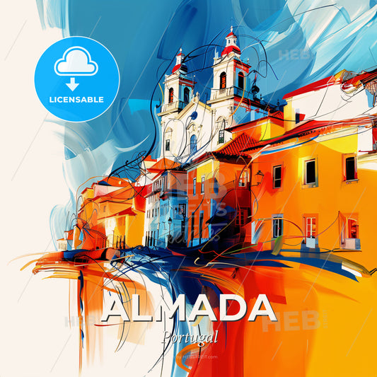 Vibrant Almada, Portugal - A Painting Of A Building - Square format print template