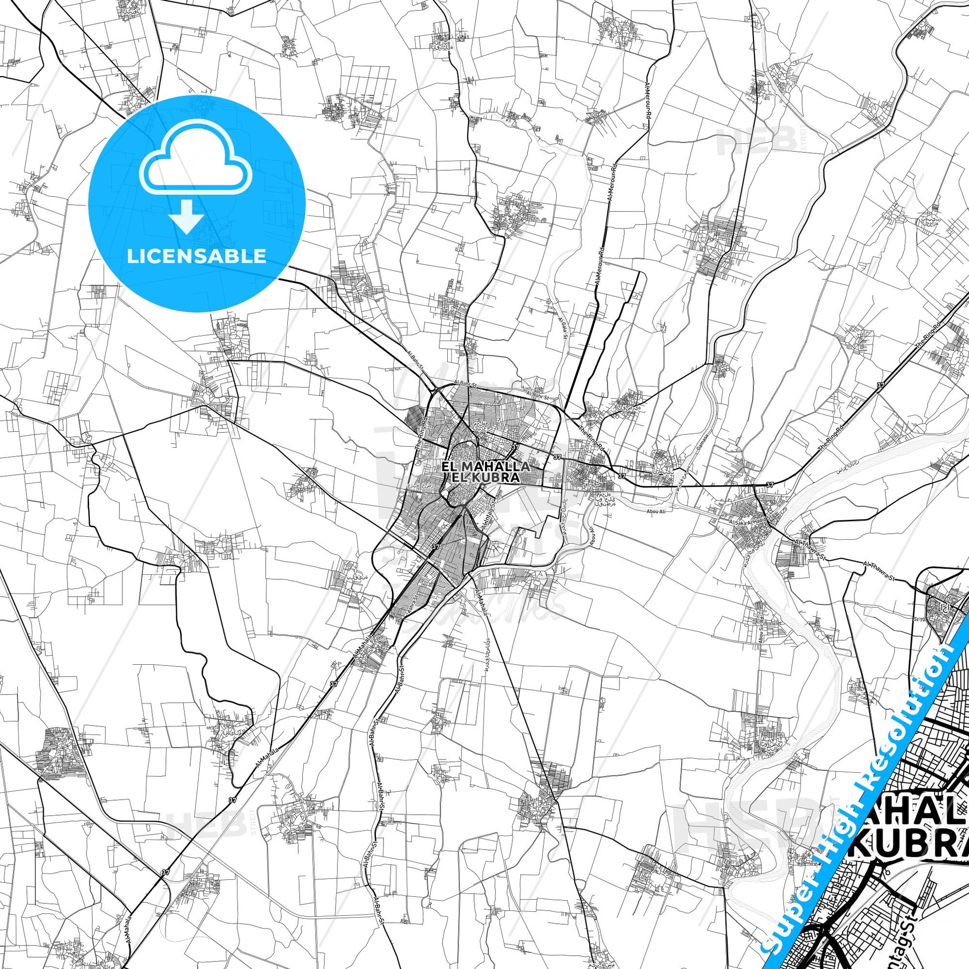 Al Mahallah al Kubra, Egypt light map with streetnames, citynames and districts