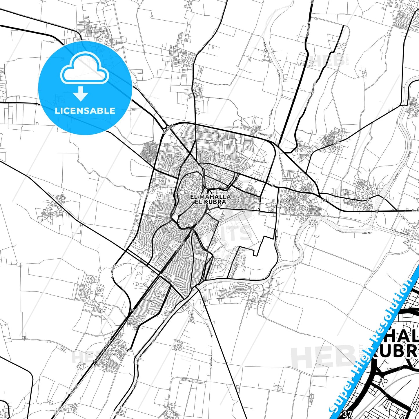 Al Mahallah al Kubra, Egypt Light Map with Street Names, City Names, and Districts