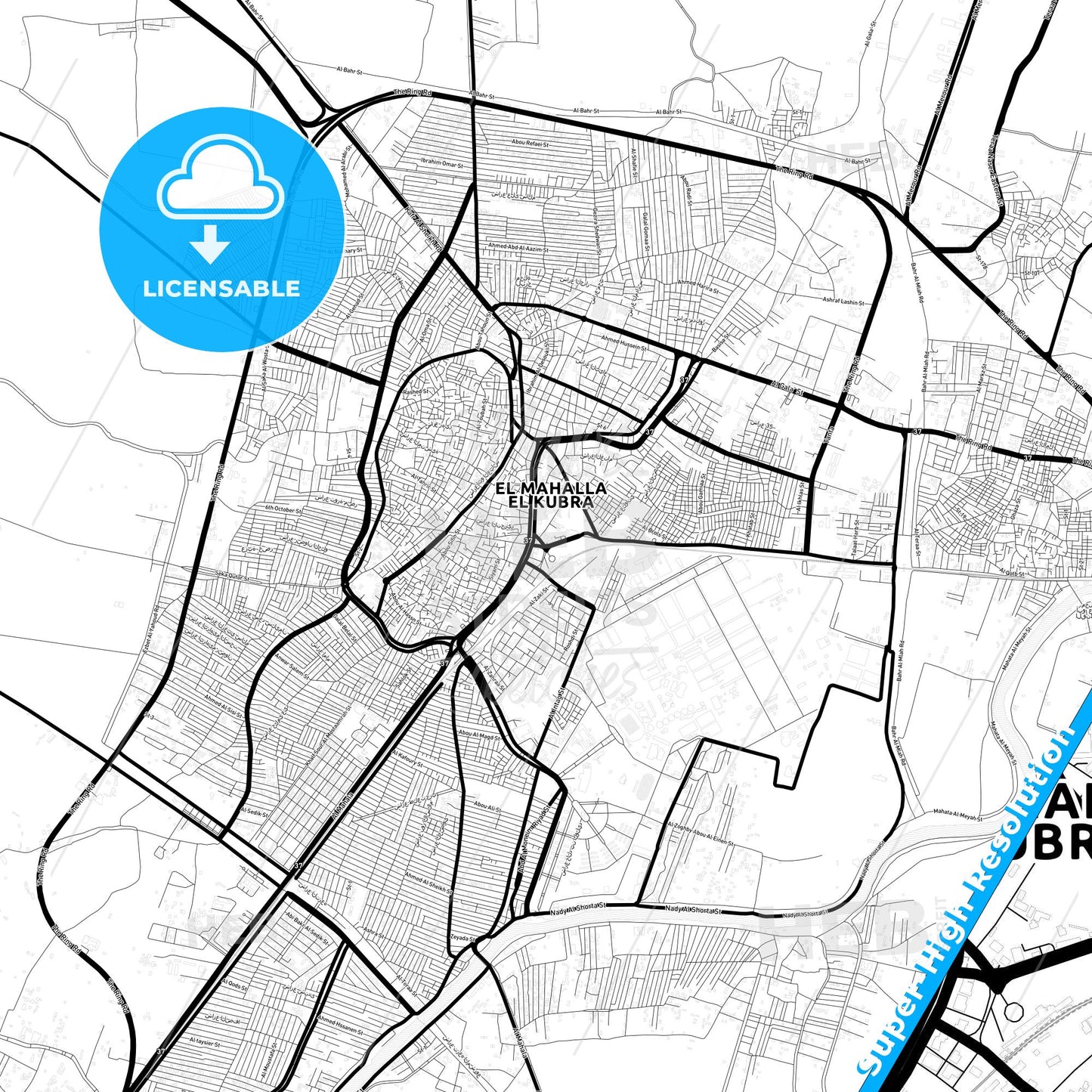 Al Mahallah al Kubra, Egypt Light Map with Street Names, City Names, and Districts