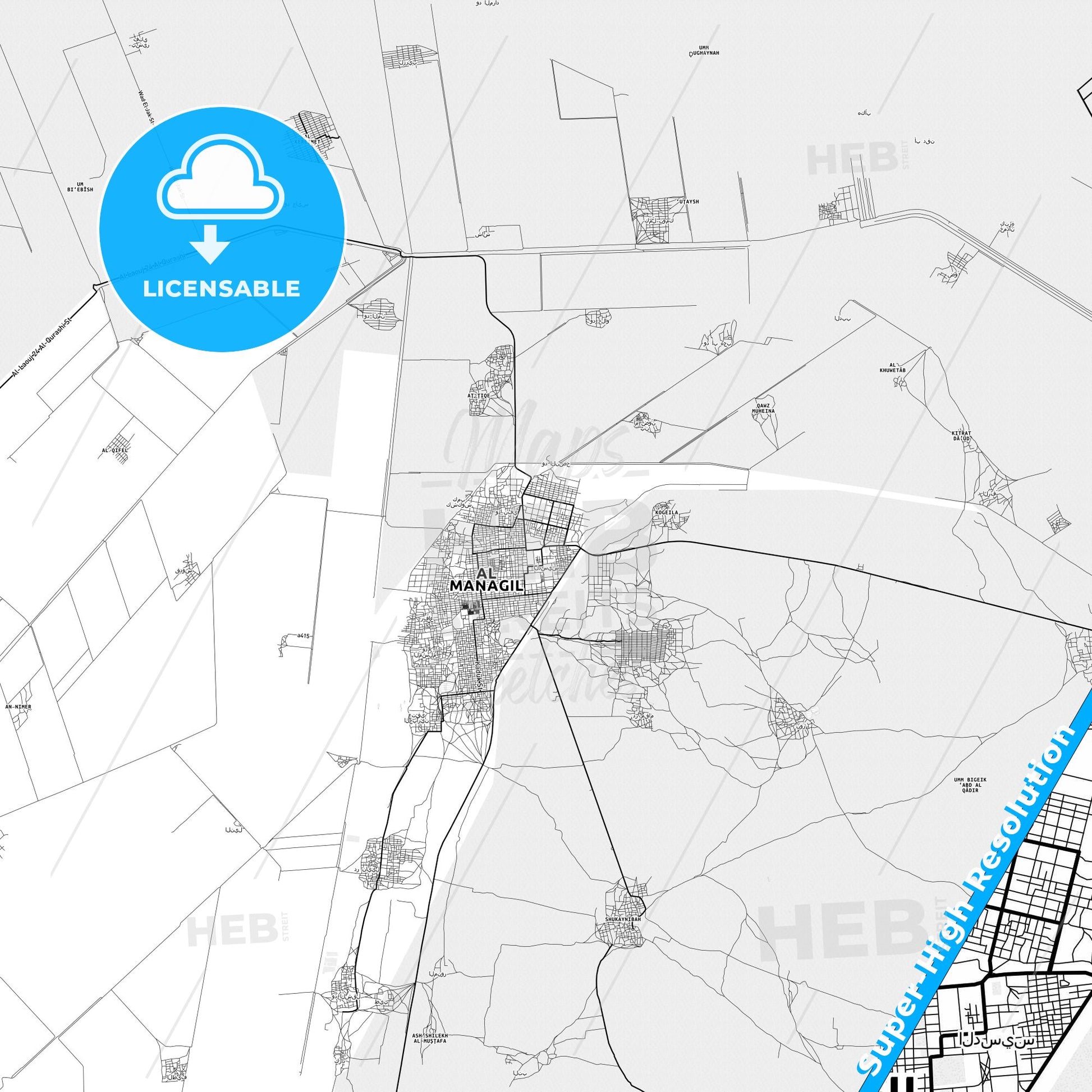 Al Manaqil, Sudan light map with streetnames, citynames and districts