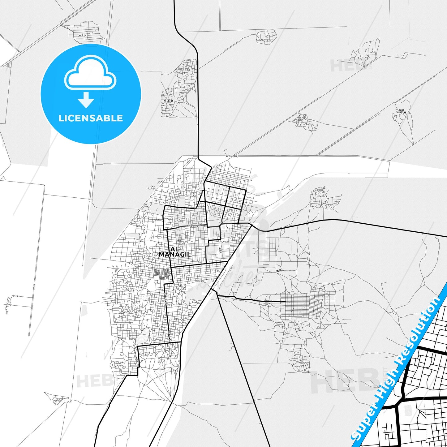 Al Manaqil, Sudan Light Map with Street Names, City Names, and Districts