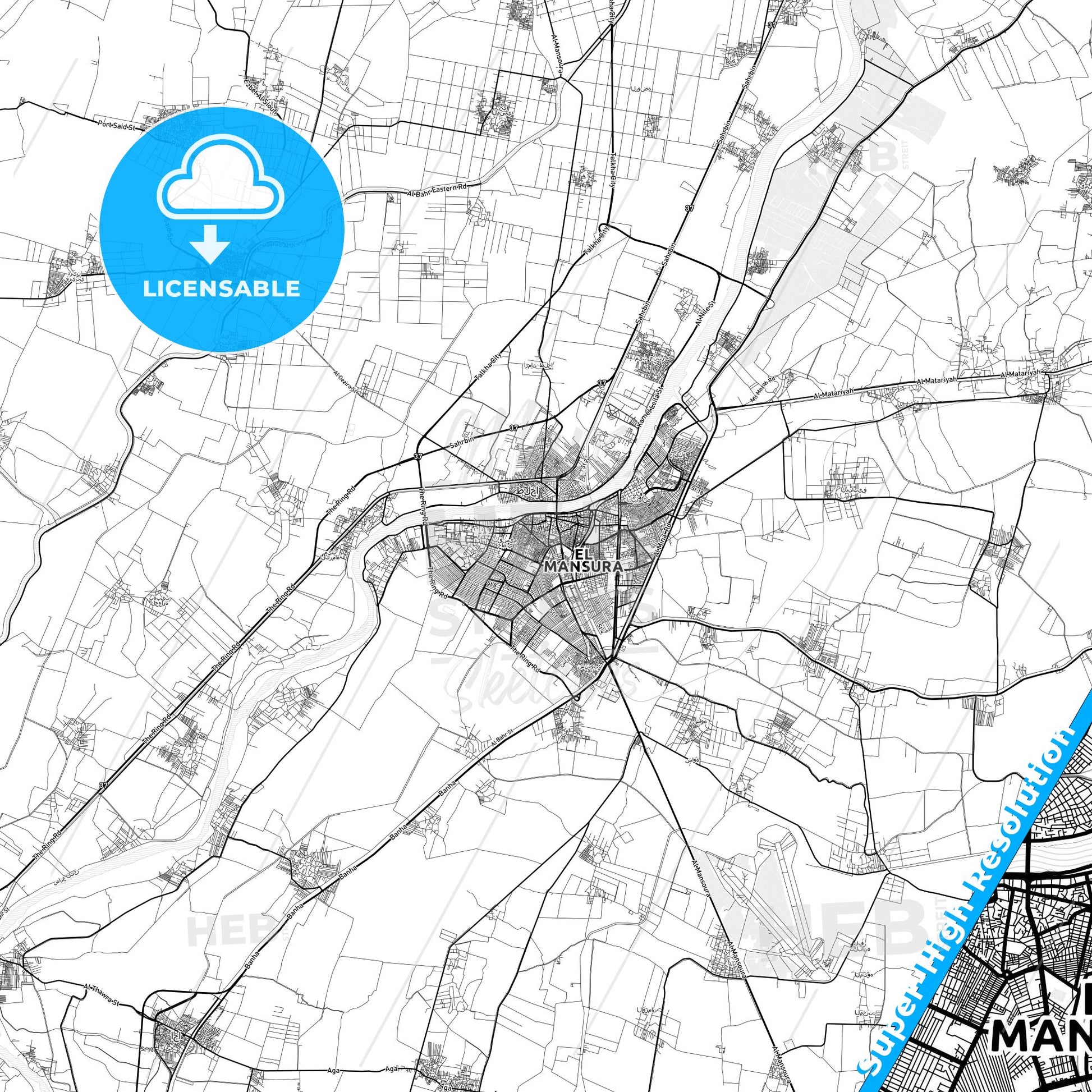 Al Mansurah, Egypt light map with streetnames, citynames and districts