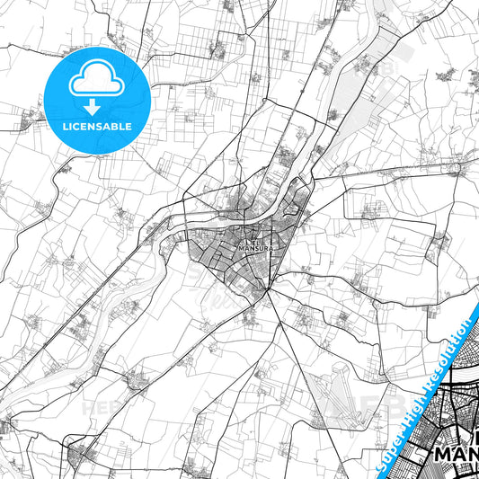 Al Mansurah, Egypt light map with streetnames, citynames and districts
