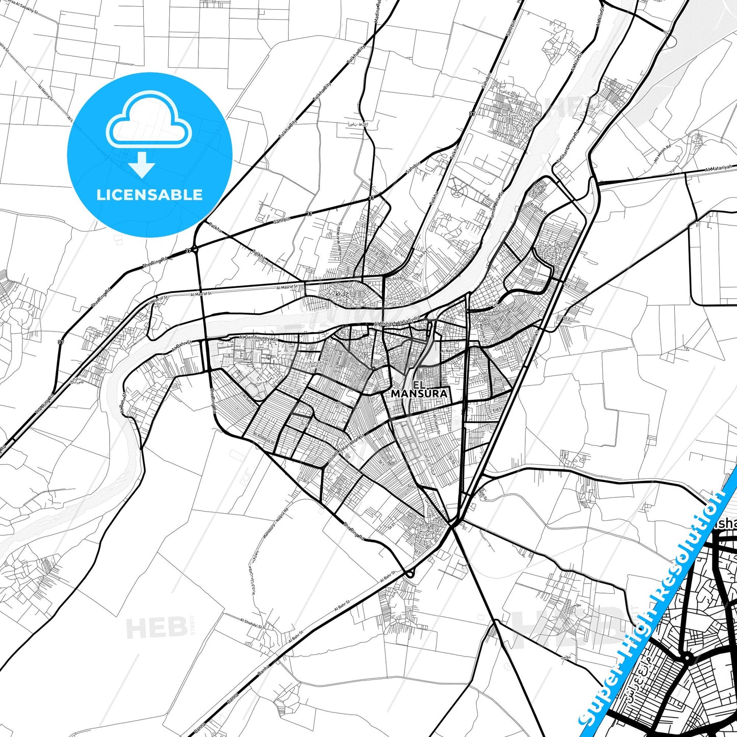 Al Mansurah, Egypt Light Map with Street Names, City Names, and Districts