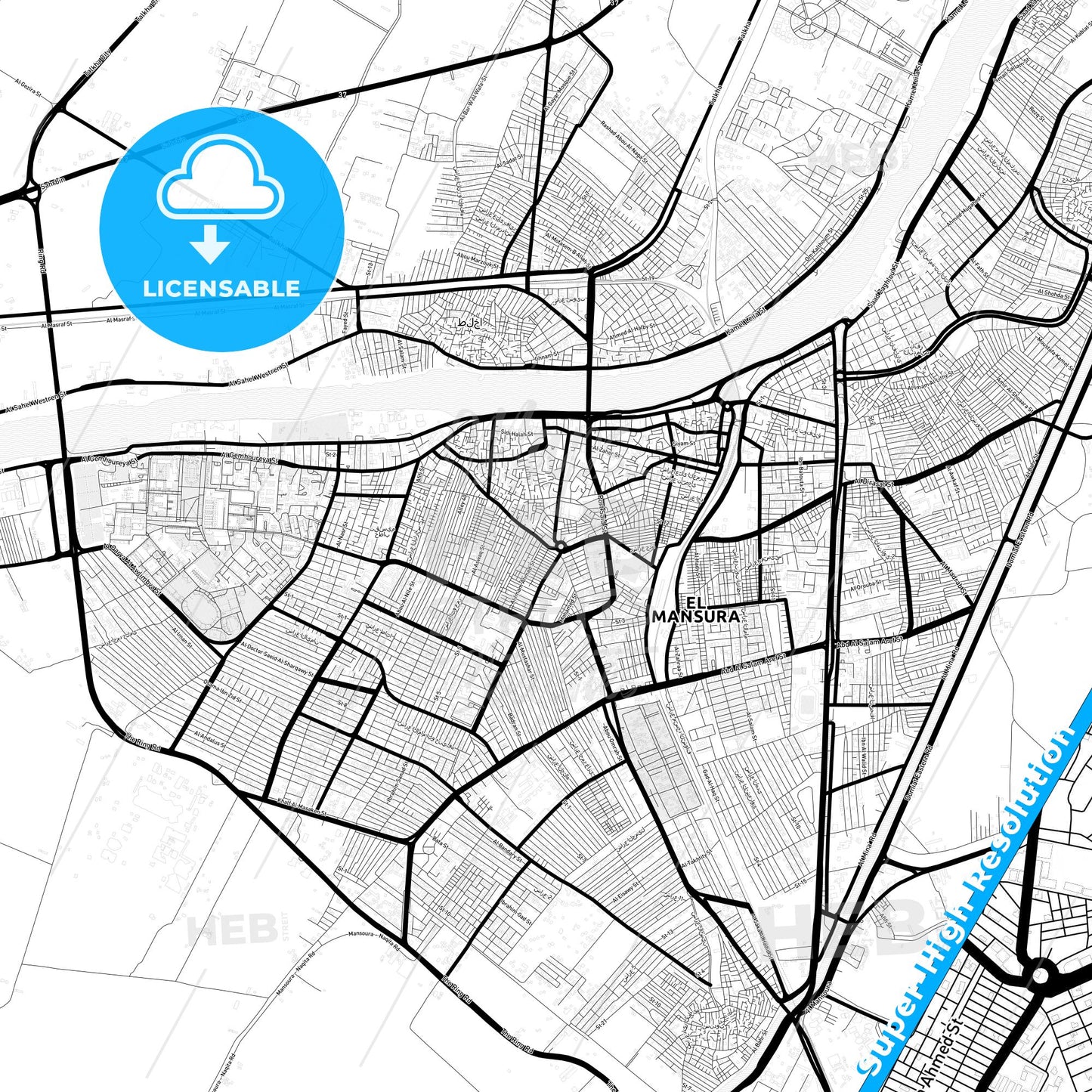 Al Mansurah, Egypt Light Map with Street Names, City Names, and Districts