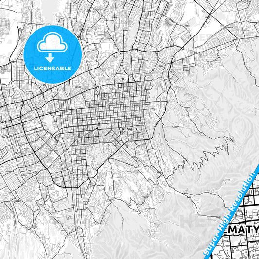 Almaty, Kazakhstan light map with streetnames, citynames and districts