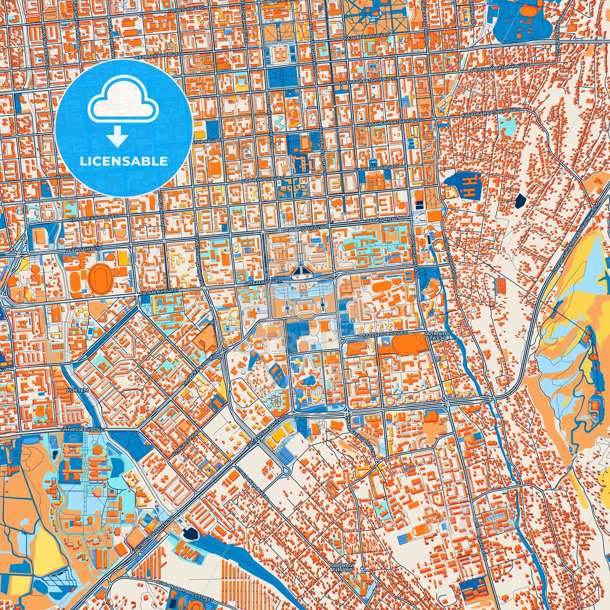 Colorful Almaty Street Map with Labels and Buildings