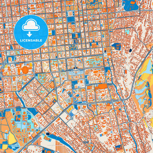 Colorful Almaty Street Map with Labels and Buildings