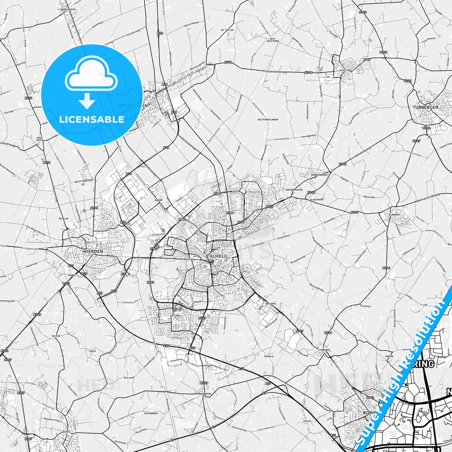 Almelo, Netherlands light map with streetnames, citynames and districts