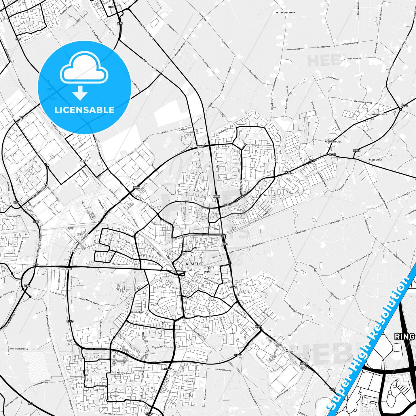 Almelo, Netherlands Light Map with Street Names, City Names, and Districts
