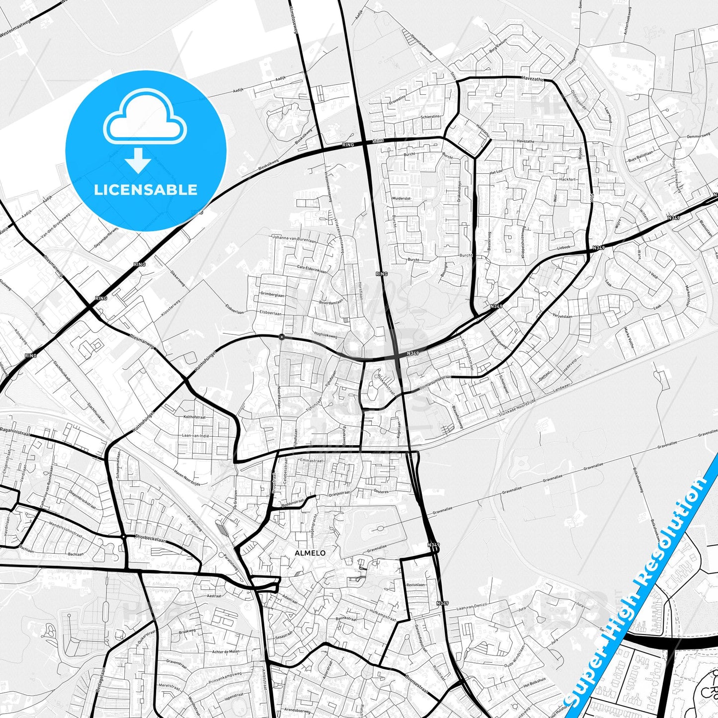 Almelo, Netherlands Light Map with Street Names, City Names, and Districts