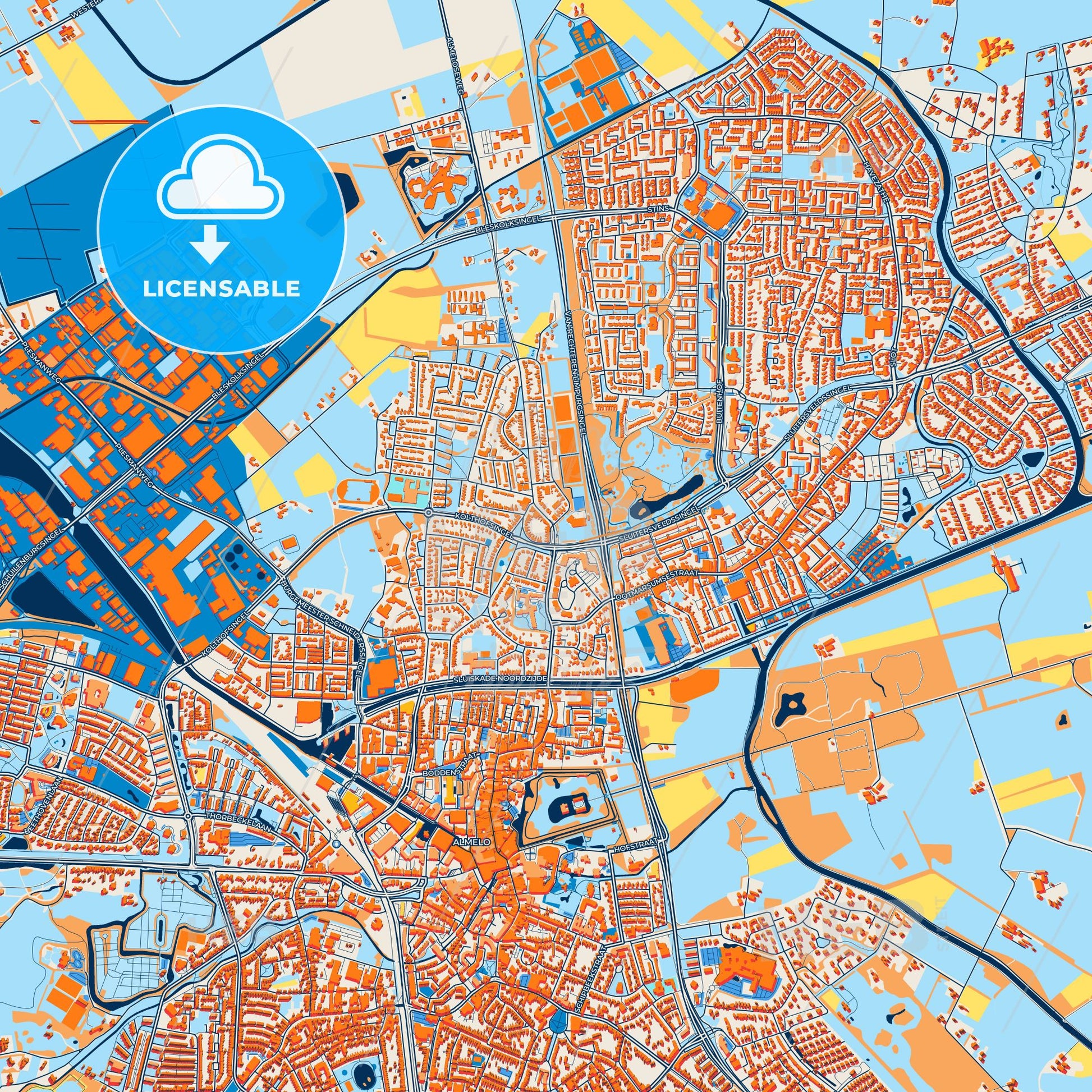 Colorful Almelo Street Map with Labels and Buildings
