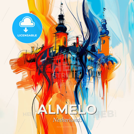 Vibrant Almelo, Netherlands - A Painting Of A Building With A Colorful Background - Square format print template