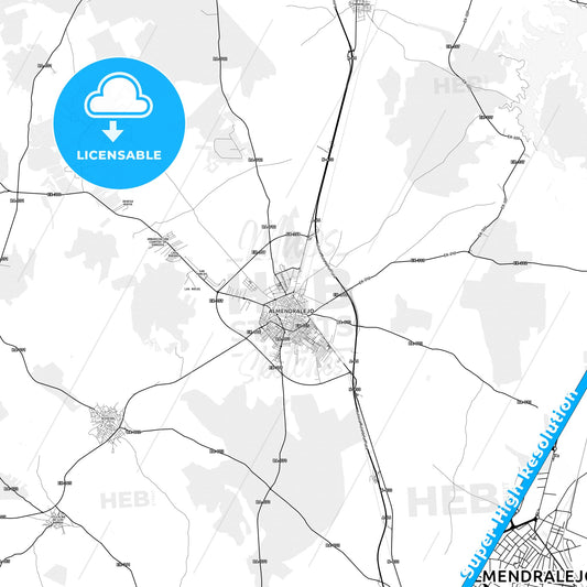 Almendralejo, Spain light map with streetnames, citynames and districts