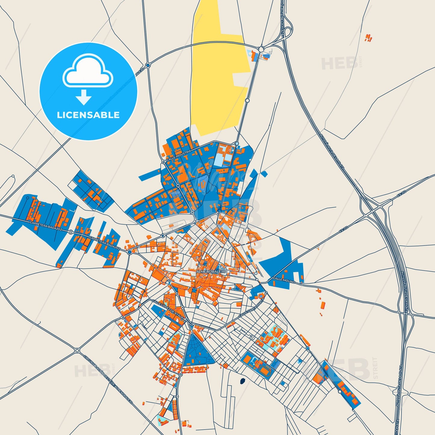 Colorful Almendralejo Street Map with Labels and Buildings