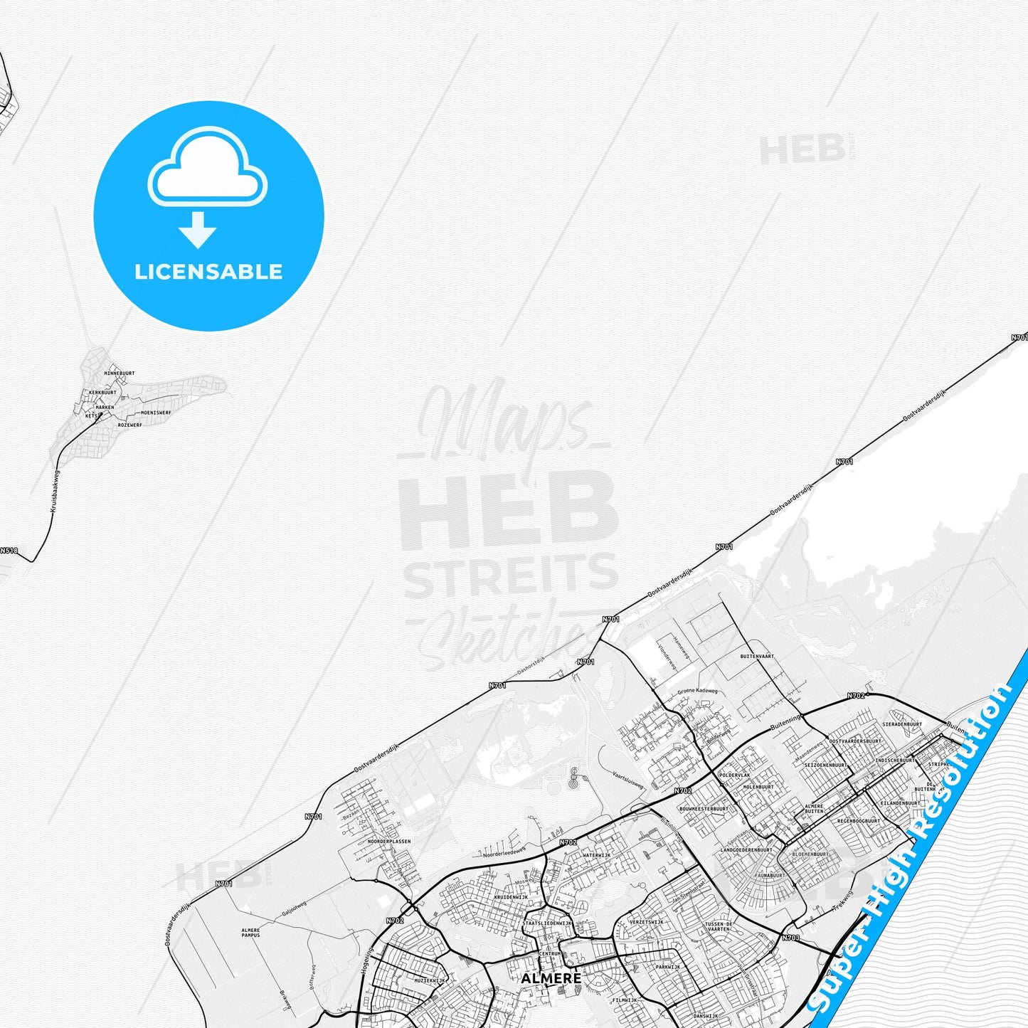 Almere, Netherlands light map with streetnames, citynames and districts