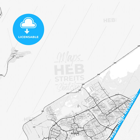 Almere, Netherlands light map with streetnames, citynames and districts
