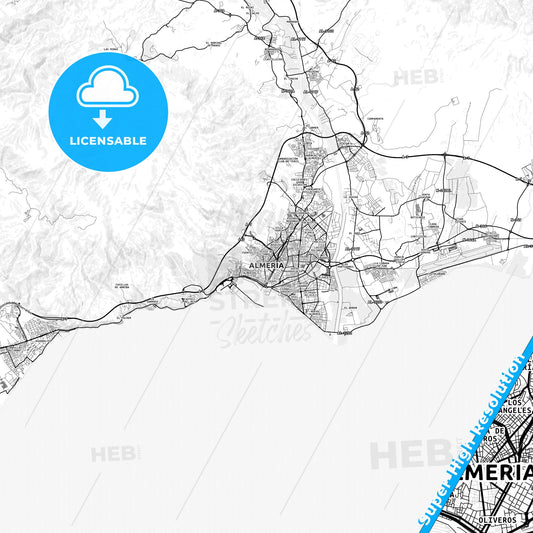 Almería, Spain light map with streetnames, citynames and districts