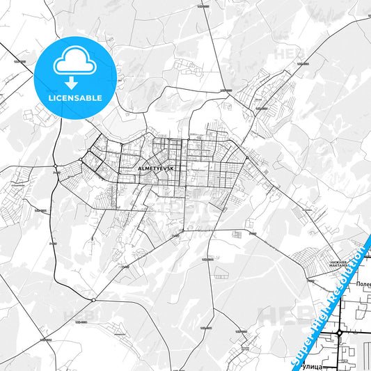 Almetyevsk, Russia light map with streetnames, citynames and districts
