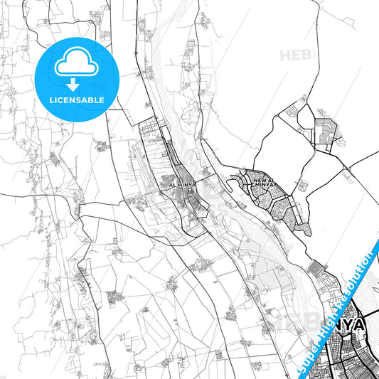Al Minya, Egypt light map with streetnames, citynames and districts