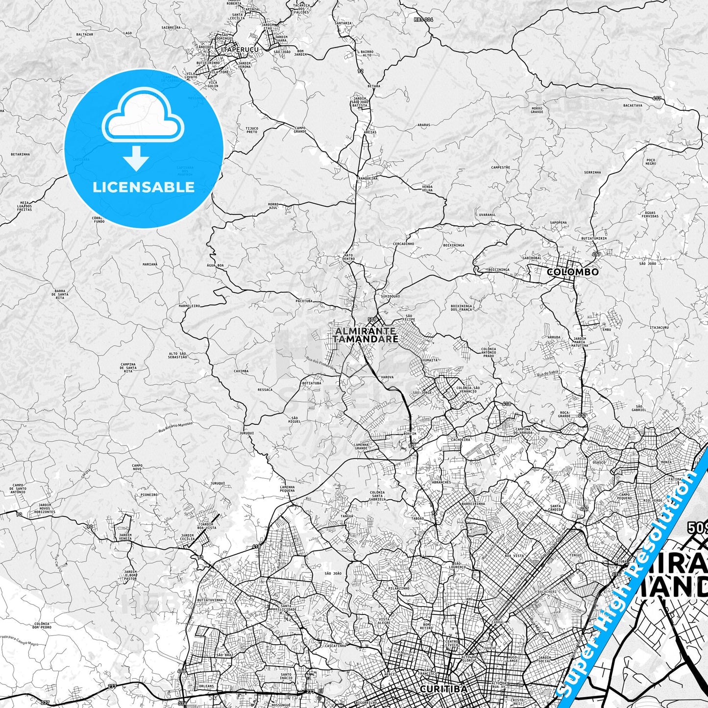 Almirante Tamandare, Brazil light map with streetnames, citynames and districts