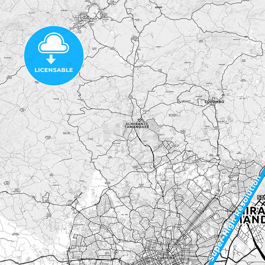 Almirante Tamandare, Brazil light map with streetnames, citynames and districts