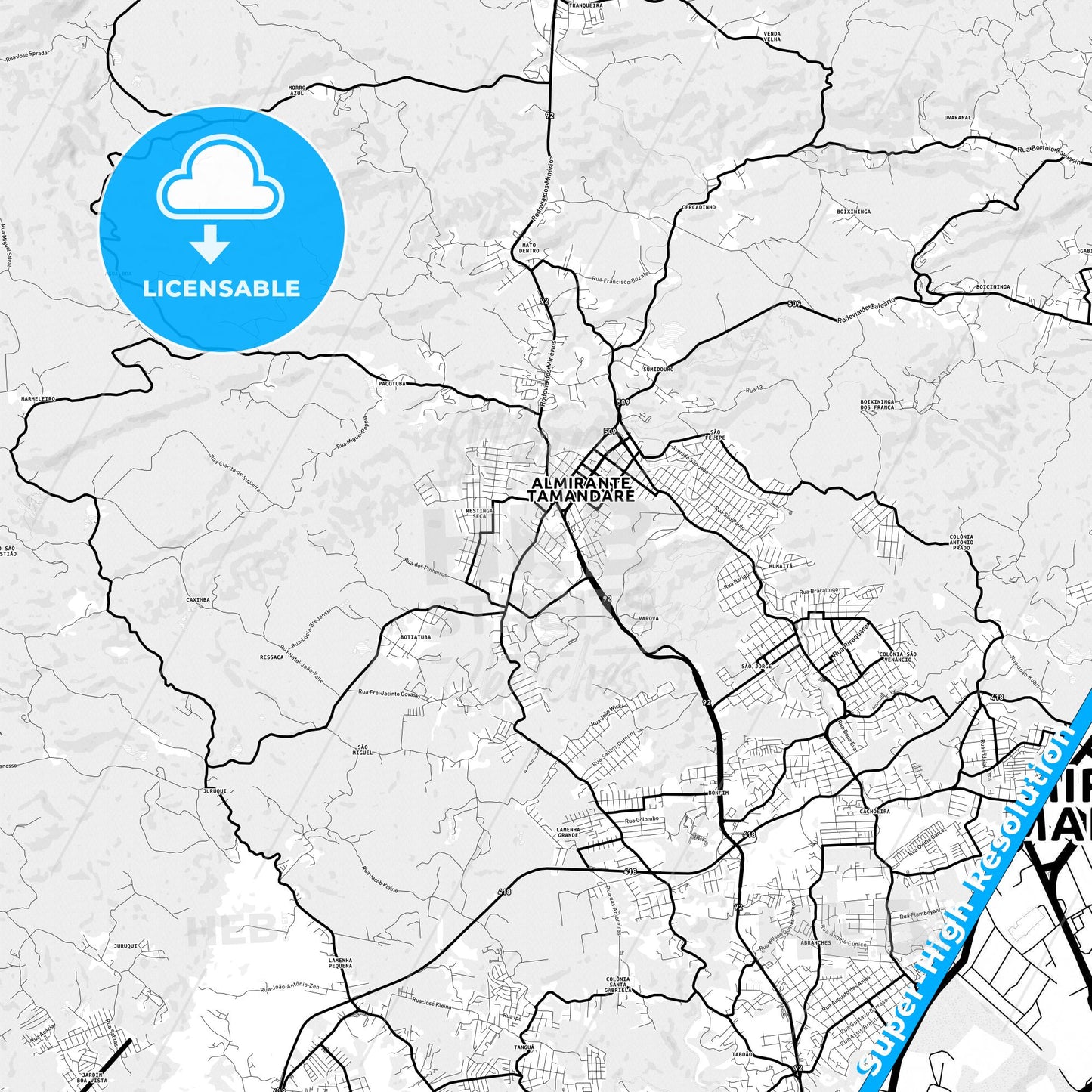 Almirante Tamandare, Brazil Light Map with Street Names, City Names, and Districts