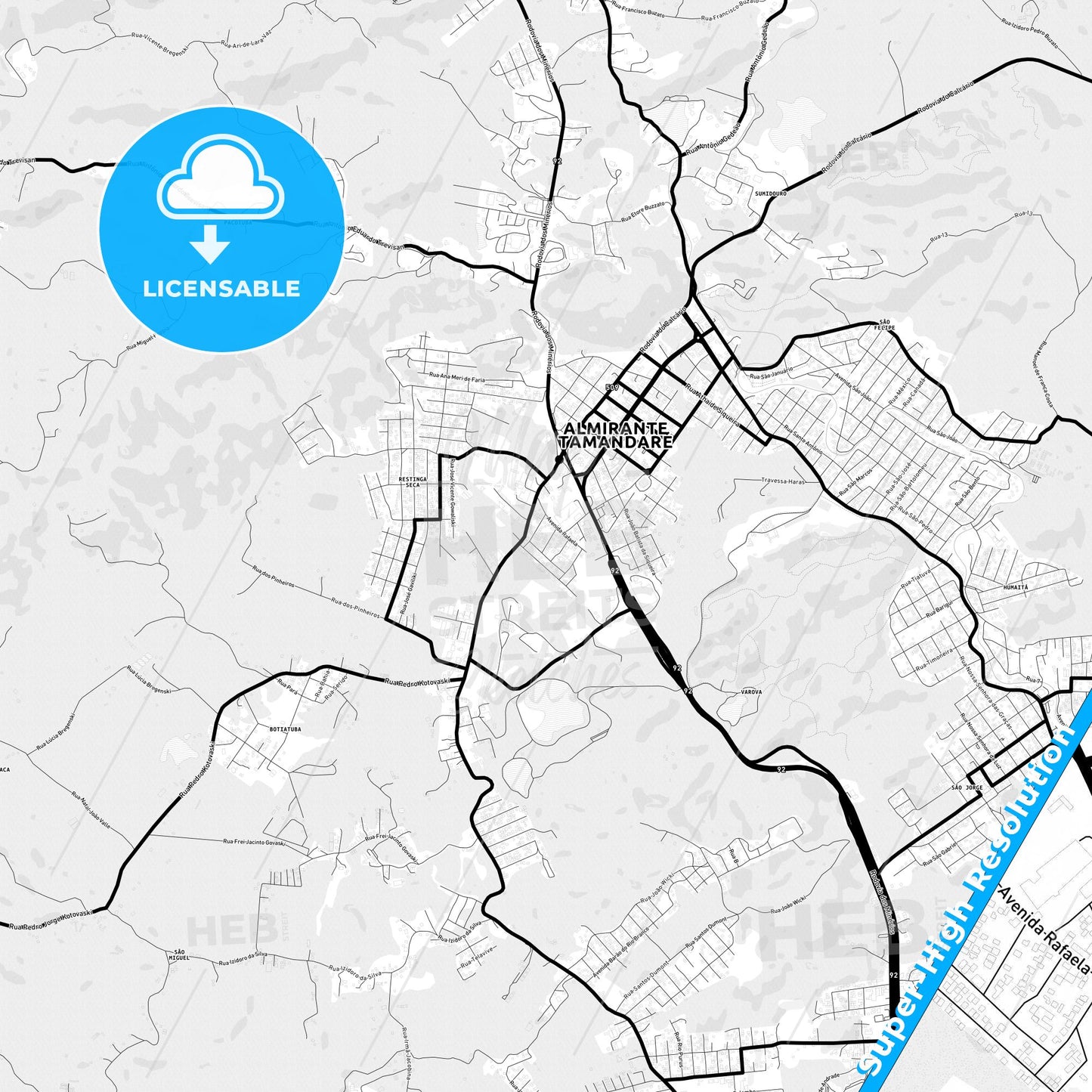 Almirante Tamandare, Brazil Light Map with Street Names, City Names, and Districts
