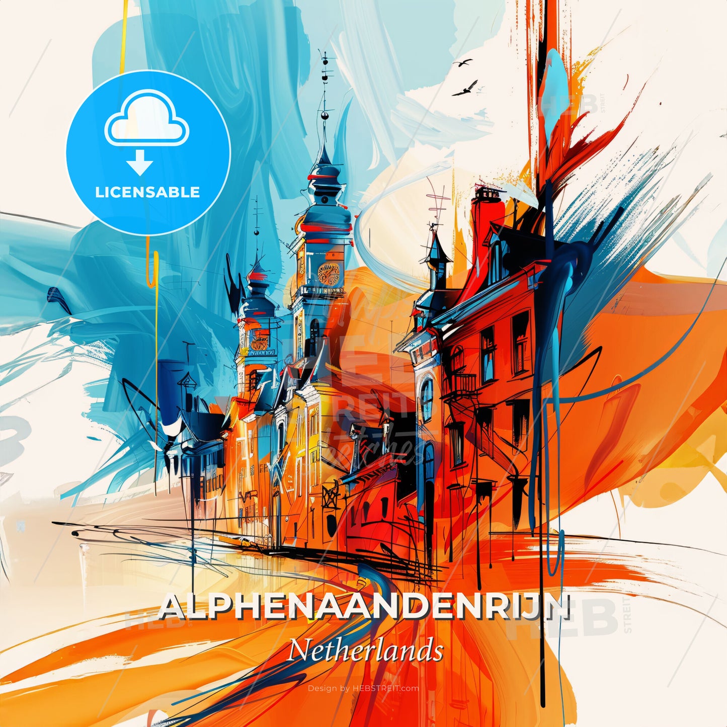 Vibrant Alphenaandenrijn, Netherlands - A Painting Of A Building With A Clock Tower - Square format print template