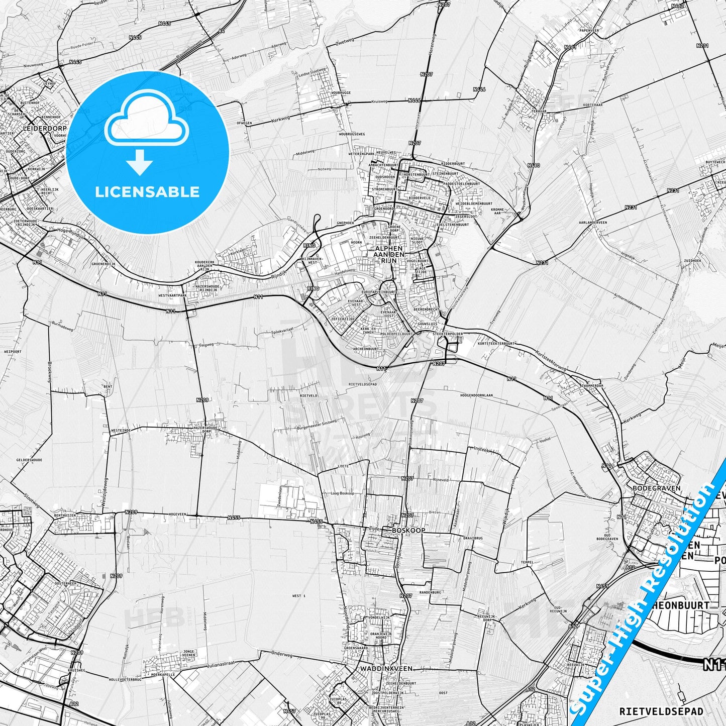 Alphen aan den Rijn, Netherlands light map with streetnames, citynames and districts