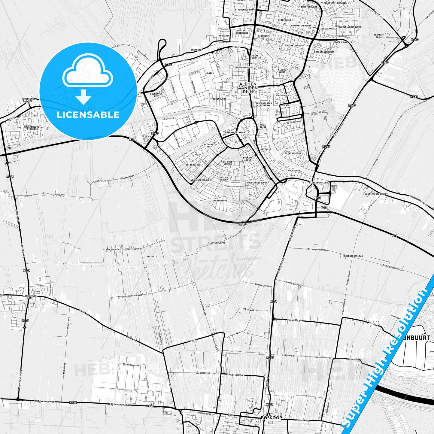 Alphen aan den Rijn, Netherlands Light Map with Street Names, City Names, and Districts
