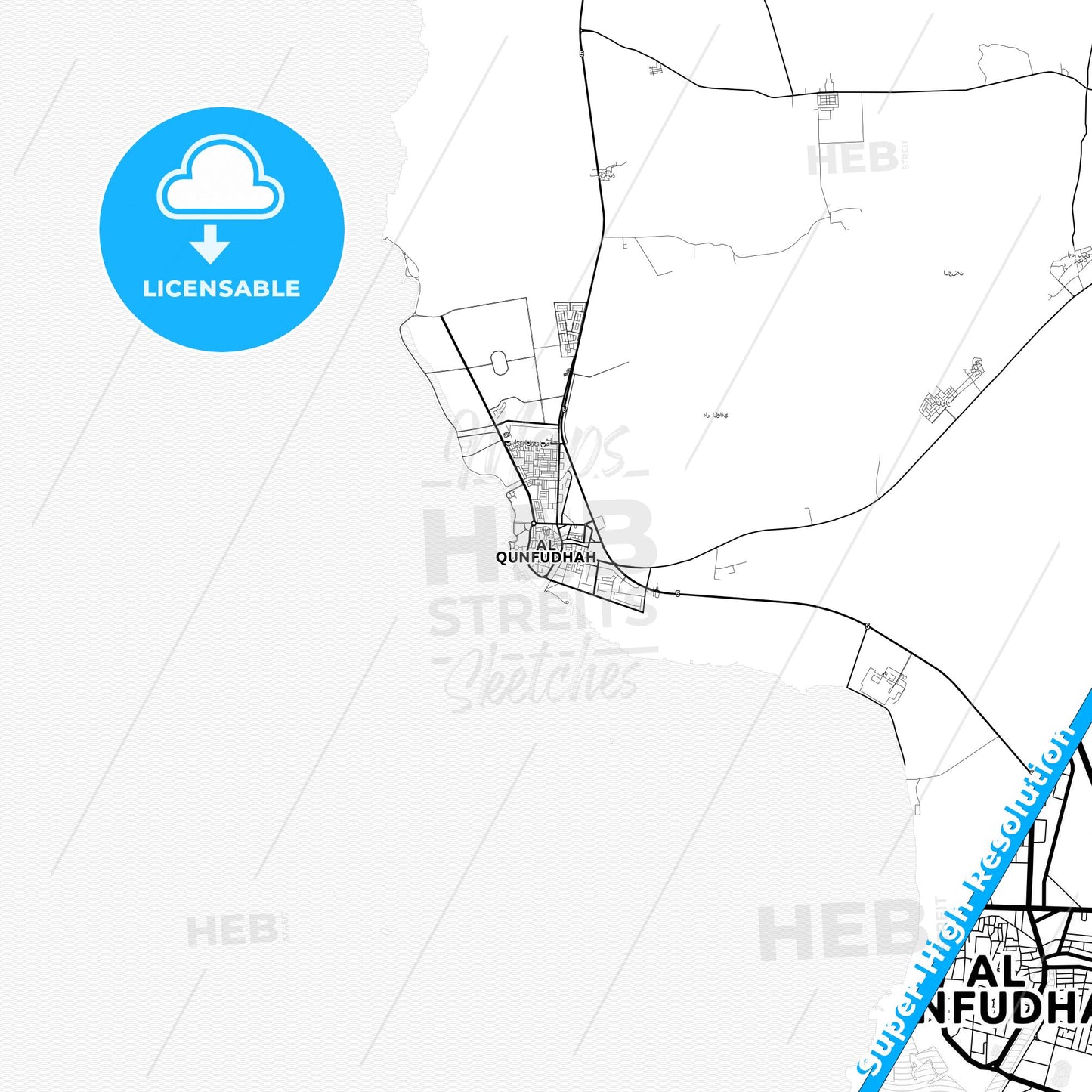 Al Qunfudhah, Saudi Arabia light map with streetnames, citynames and districts