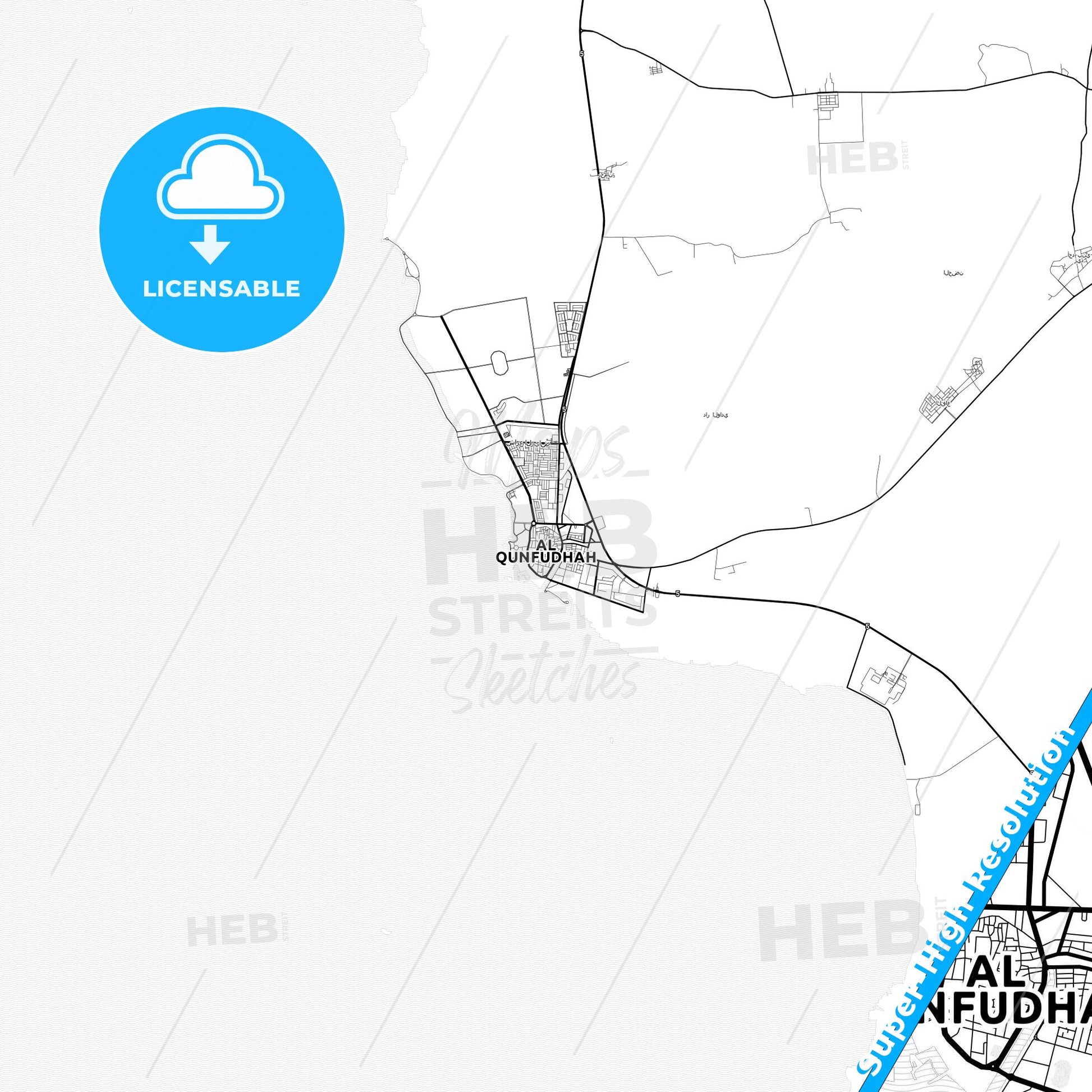 Al Qunfudhah, Saudi Arabia light map with streetnames, citynames and districts