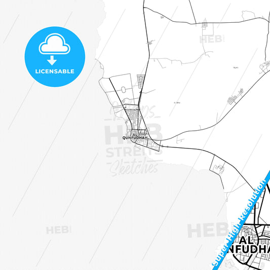 Al Qunfudhah, Saudi Arabia light map with streetnames, citynames and districts