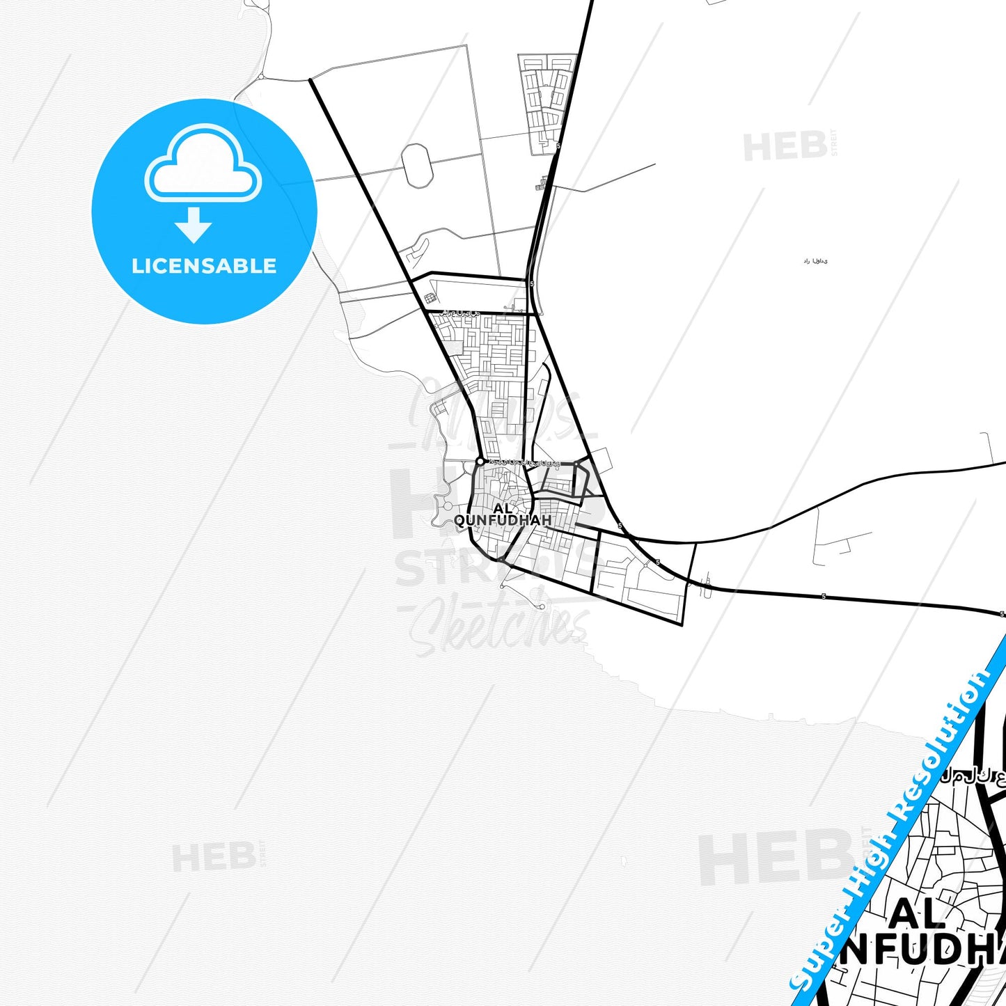 Al Qunfudhah, Saudi Arabia Light Map with Street Names, City Names, and Districts